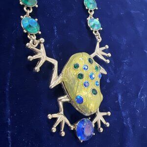 Betsey Johnson Frog Pendant  Necklace Chocker Blue,  Frog, Valentine Gold Tone